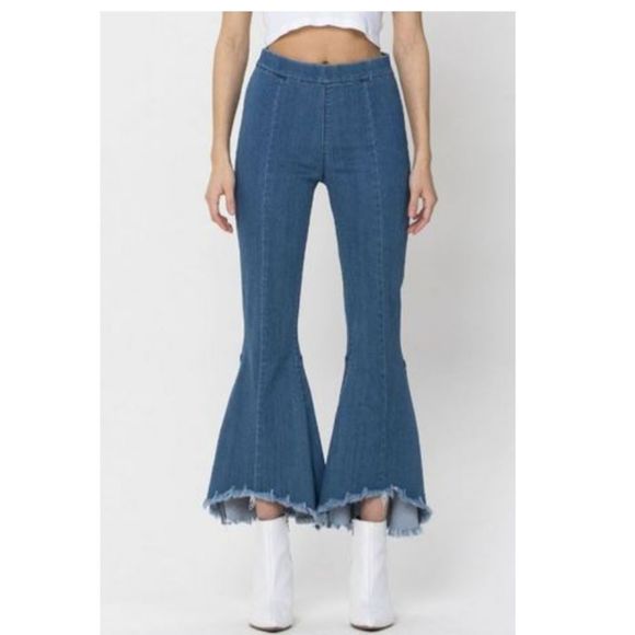 Cello Jeans High Rise Frayed Raw Edge‎ Crop Flare Jeans Comfort Elastic Waist S - Picture 1 of 9